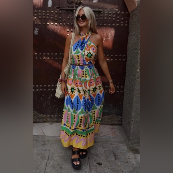 ZARA NWT Women's Printed Blue Yellow Summer Ruched Halter  Crop Top Size Small - Picture 6 of 8